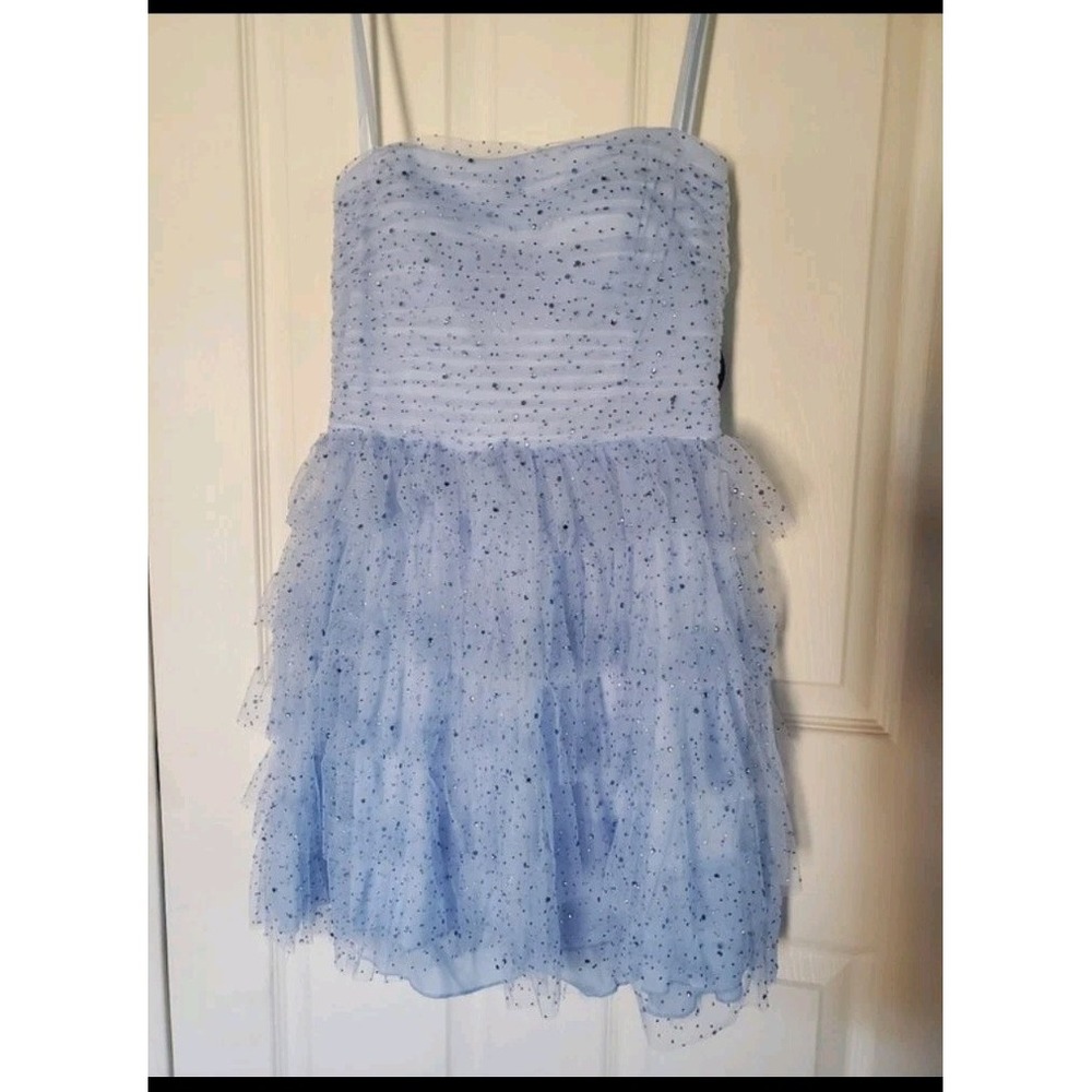 Windsor Arie Powder Blue Strapless Tiered Tulle Mini Dress Rhinestone Fairy Med - Picture 2 of 13